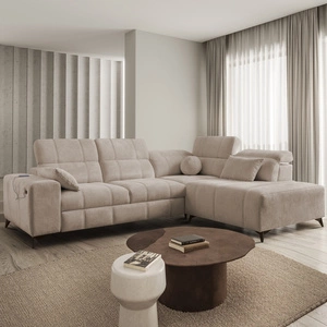 Ecksofa mit Schlaffunktion Penejos VII dunkelbeige rechts stilvolles Ecksofa mit Bettzeugablage komfortable verstellbare Kopfstützen