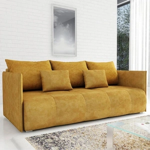 Sofa mit Schlaffunktion Selva Senfgelb Funktionssofa für Wohnzimmer mit Bettzeugbehälter aus bequemem Plüschstoff