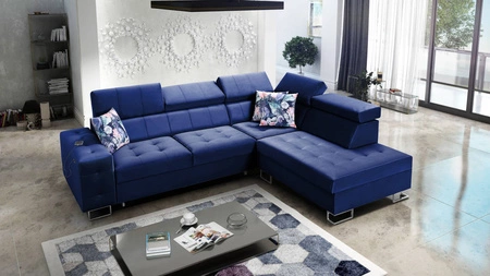 Ecksofa mit Schlaffunktion Hampton VII navy blue rechtes Ecksofa für Zimmer aus Samtstoff mit glatter Oberfläche