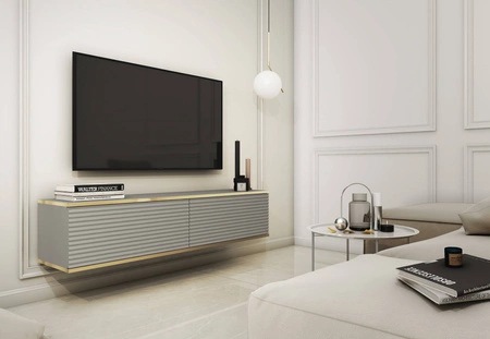 TV-Lowboard Luxury 135 cm Grau Begeistert Liebhaber eleganter Arrangements Korpus verziert mit einer goldenen Leiste stilvolle geriffelte Front