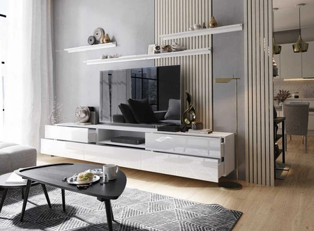 TV-Schrank Plomari 258 cm weiß / weiß glänzend mit Einlegeböden minimalistisches Design in einer modernen Anordnung geräumige Schubladen