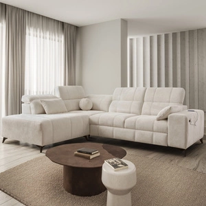 Ecksofa mit Schlaffunktion Penejos VII creme links stilvolles Ecksofa mit Bettzeugablage komfortable verstellbare Kopfstützen