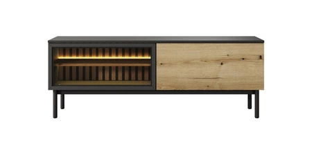 RTV Schrank Clovis 150 cm schwarz / Eiche evozieren elegante Form von Möbeln in einem modernen Stil sicher gehärtetem Glas Push zu öffnen