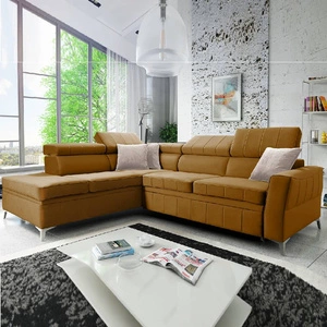 Ecksofa mit Schlaffunktion Rava III honigfarben links samtiges bequemes Ecksofa mit verstellbaren Kopfstützen und einem Bettzeugbehälter