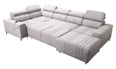 Ecksofa mit Schlaffunktion Castel IV graue Esche rechtes Ecksofa stilvoll mit Bettzeugcontainer und verstellbaren Kopfstützen