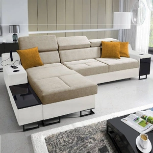 Ecksofa mit Schlaffunktion Alcamo beige/weiß links elegantes und stilvolles Ecksofa mit einer ausziehbaren praktischen Schublade an der Seite des Möbels