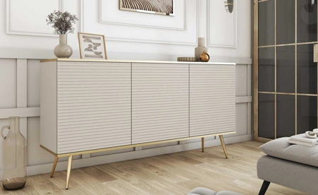 Kommode Luxury 160 cm beige elegantes Design stilvolle geriffelte Fronten Kommodenkorpus mit goldenen Verzierungen goldene Metallbeine gekrönt