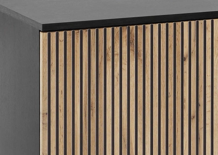 Amma 104 cm Kommode schwarz / Eiche wotan unkonventionelles Design geriffelte und verglaste Fronten mit push to open System