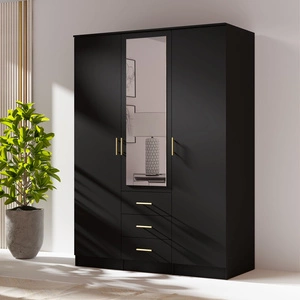 Kleiderschrank Adel 150 cm schwarz elegantes Design klassische Form der Garderobe mit Spiegel für Schlafzimmer oder Kleiderschrank geräumige Schubladen goldene Griffe