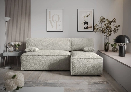 Ecksofa mit Schlaffunktion Brandon creme rechts weicher Stoff mit charakteristischer Schlingenoberfläche Bettzeugbehälter