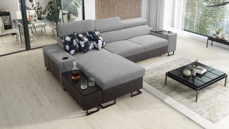 Ecksofa mit Schlaffunktion Flavio hellgrau / graphit links elegantes Ecksofa mit einer offenen Bar an der Seite des Möbels