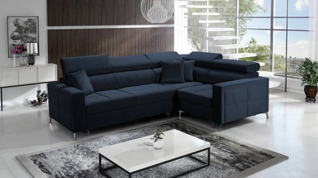 Nausa II Ecksofa mit Schlaffunktion marineblaues Samtecksofa rechts mit Ziernähten auf der Sitzfläche Ecksofa mit Bettzeugablage