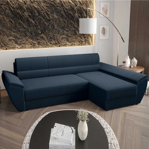 Ecksofa mit Schlaffunktion Fogu III blau rechtsseitig stilvolles Ecksofa mit Armlehnen und Bettzeugablage Kordelstoff