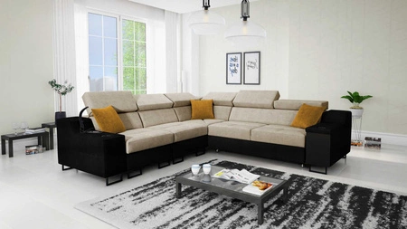 Ecksofa mit Schlaffunktion Alcamo III beige/schwarz links Funktions-Ecksofa mit einer Schublade in der Seite zwei Behälter für Bettzeug