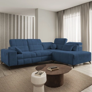 Ecksofa mit Schlaffunktion Penejos VII blau rechtsseitig stilvolles Ecksofa mit Bettzeugablage komfortable verstellbare Kopfstützen