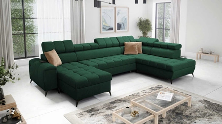 Ecksofa mit Schlaffunktion Bolmso VI grün links bequemes Ecksofa mit verstellbaren Kopfstützen dekorative Steppung auf der Sitzfläche