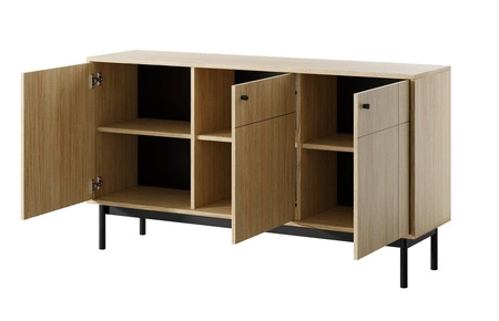 Modesta Eiche linea Möbel Set minimalistisches Design akzentuiert durch trendige Farben hohe Holzbeine Metallgriffe