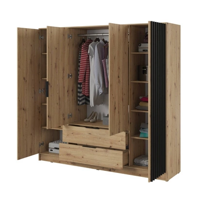Kleiderschrank mit Spiegel Aspen 206 cm Eiche Artisan / Schwarze Lamellen modernes Design Schranktüren mit dekorativen Lamellen