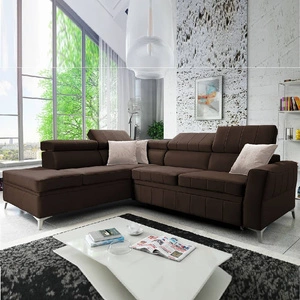 Ecksofa mit Schlaffunktion Rava III brauner linksseitiger Samt komfortables Ecksofa mit verstellbaren Kopfstützen und Bettzeugcontainer