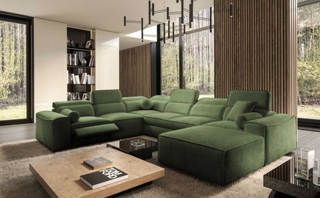 Ecksofa mit Schlaffunktion Viano VIII Lux grün rechts Design-Ecksofa mit ausziehbarem Fußteil Bettzeug-Container