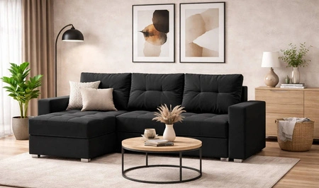 Ecksofa mit Schlaffunktion Pablos schwarz Universal-Ecksofa mit Bettzeugstauraum Ziersteppung auf der Sitzfläche