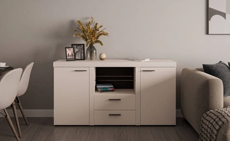 Kommode Rene 156 cm sandbeige elegante und vielseitige Kommode Stil für Wohnzimmer geschmackvolle schwarze Griffe