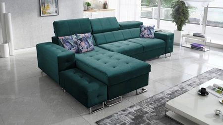 Ecksofa mit Schlaffunktion Hampton sea links stilvolle Steppung auf der Sitzfläche weicher Polsterstoff Ecksofa mit Verlängerung