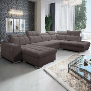 Ecksofa mit Schlaffunktion Luigi VI braun linksseitig stilvolles Ecksofa mit Bettzeugcontainern in weichem Stoff bezogen