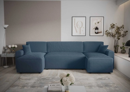 Ecksofa mit Schlaffunktion Brandon U Bis blauer Bettzeugcontainer dreidimensionaler Stoff mit ausdrucksvollen Streifen weiche Armlehnen