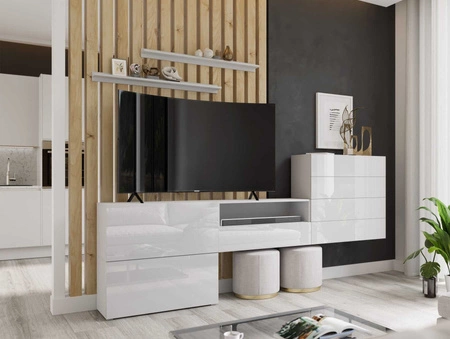 Möbelwand Agria weiß / weiß glänzend ungewöhnliches Design praktische Lösung ideal für jedes Wohnzimmer optisch vergrößert den Innenraum