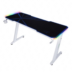 Zeo Gaming-Schreibtisch weiß / blau Designer und ergonomische Schreibtisch rutschfeste Carbonplatte vollständig mit Pad LED-Beleuchtung abgedeckt