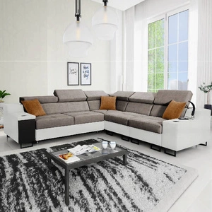 Ecksofa mit Schlaffunktion Alcamo III grau-braun/weiß rechts Funktions-Ecksofa mit Schublade in der Seite zwei Behälter für Bettzeug