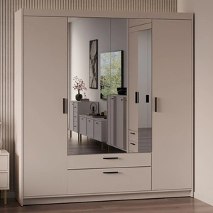 Kleiderschrank mit Spiegel Rene 176 cm beige sand stilvolles Design schwarze Griffe idealer Kleiderschrank für Schlafzimmer geräumige Schubladen