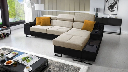 Ecksofa mit Schlaffunktion Alcamo beige/schwarz rechts elegantes und stilvolles Ecksofa mit einer ausziehbaren praktischen Schublade an der Seite des Möbels