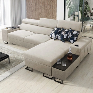 Ecksofa mit Schlaffunktion Flavio hellbeige/beige rechts elegantes Ecksofa mit offener Bar an der Seite des Möbels