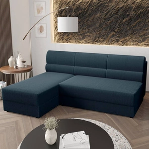 Ecksofa mit Schlaffunktion Fogu blau linke Seite stilvolle Ecksofa mit einfachem Design mit Cord-Stoff Bettzeug Container abgedeckt