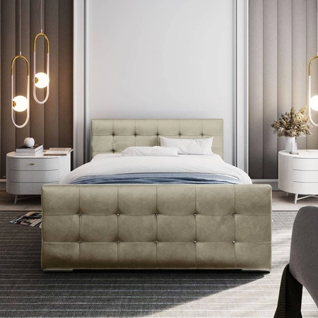 Polsterbett Alford 160x200 beige mit Container im modernen skandinavischen Stil mit gestepptem Kopfteil und Fußteil mit Kristallen