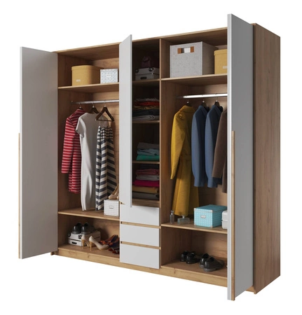 Kleiderschrank Novi 229 cm Eiche handwerklich gold / weiß Funktionsmöbel klassische Form idealer Kleiderschrank für Schlafzimmer oder Ankleidezimmer LED-Beleuchtung