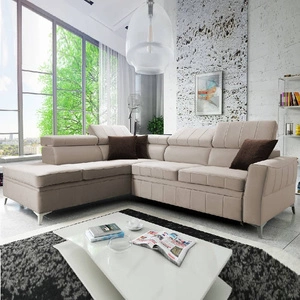 Ecksofa mit Schlaffunktion Rava III hellbeige Linkshändersamt komfortables Ecksofa mit verstellbaren Kopfstützen und Bettzeugbehälter