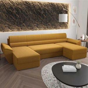 Ecksofa mit Schlaffunktion Fogu U II Honig-Gelb bequemes Ecksofa mit bequemen Armlehnen interessanter Designcontainer für Bettzeug