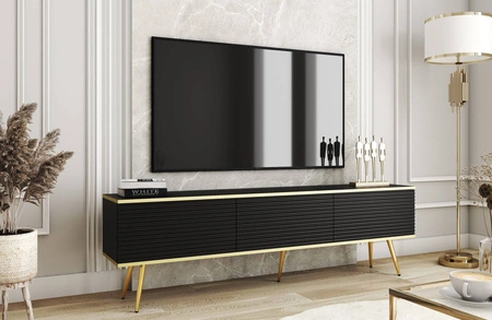 TV-Schrank Luxury 175 cm schwarz elegantes Design stilvolle geriffelte Front Korpus mit goldenen Zierleisten goldenen Metallbeinen gekrönt