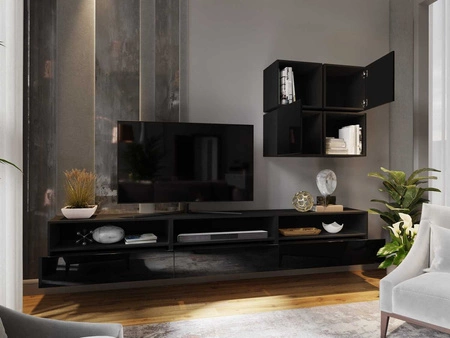 Dion schwarz/schwarz glänzend Universeller und stilvoller Hängeschrank für das Wohnzimmer Push-to-Open-System für Türen und Schubladen