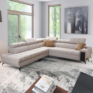 Ecksofa mit Schlaffunktion Bolmso IX beige links bequemes Ecksofa für Wohnzimmer mit Schublade Bettzeug Container stilvolles Design