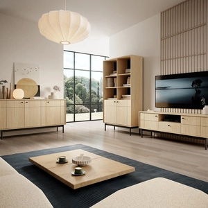 Modesta Eiche linea Möbel Set minimalistisches Design akzentuiert durch trendige Farben hohe Holzbeine Metallgriffe