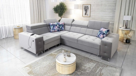 Ecksofa mit Schlaffunktion Hampton II grau Esche links stilvolles Ecksofa Bett weiche Polsterung Stoffart Samt