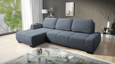 Ecksofa mit Schlaffunktion Zartblaues linksseitiges Ecksofa in stilvollem Design, das sich durch seine abgerundete Form auszeichnet