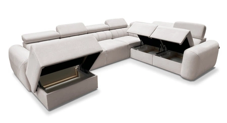 Ecksofa mit Schlaffunktion Cantare VIII beige links geschmackvolles Ecksofa mit verstellbaren Kopfstützen Bettzeug Container