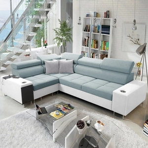 Ecksofa mit Schlaffunktion Dafni II arktikblau/weiß links geflochtenes Ecksofa mit Bettzeugschublade in der Seitenwand