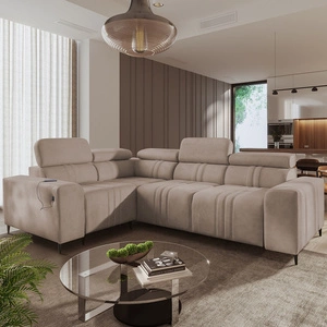 Ecksofa mit Schlaffunktion Castel II hellbraun links komfortables Ecksofa mit verstellbaren Kopfstützen Container für Bettzeug