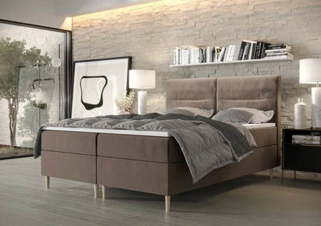 Boxspringbett Voltera 160x200 Hellbraun moderner skandinavischer Stil mit charakteristischem Kopfteil